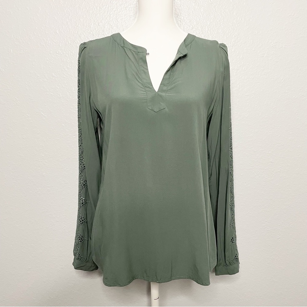 LOFT Olive Green Collarless Rayon Top with Crochet Lace Down Arms Size S